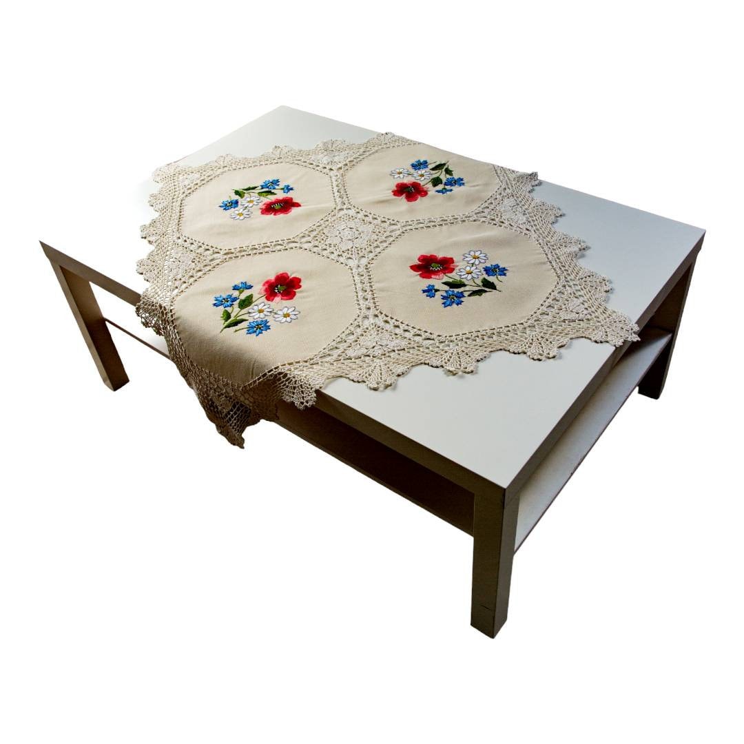 Linen Table Topper With LACE Embroidere Table Topper, Rustic Decor