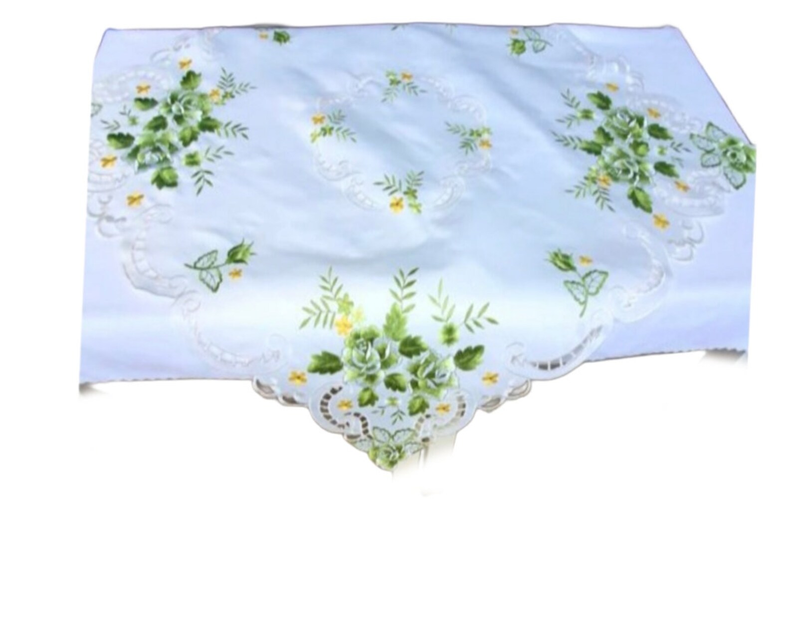 White Table Topper Summer White Table Topper Green Roses, Embroidered Tabletopper, Rustic ...