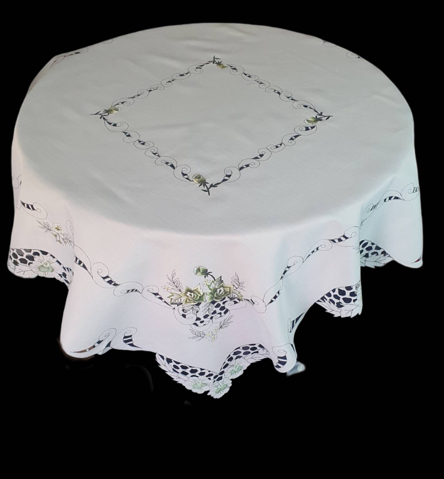 White Table Topper Summer White Table Topper, Green Summer Flower, Embroidered, Rustic ...
