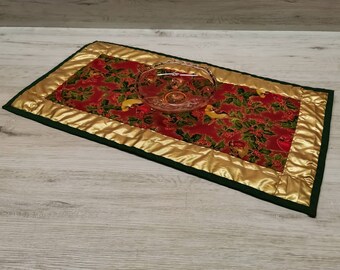 Corredor navideño, Acolchado, Tela metálica dorada, Algodón navideño Rojo Verde, Alta calidad, Hecho a mano, Idea de regalo, 14x25 pulgadas, 62x34 cm