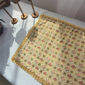 Vintage Runner, Holiday Gold Brawn Pink Flower Runner, Gold Metallic Border, Gold Tapestry Flower Runner, High Quality, 15x32", 37.5x80 cm