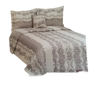 May include: A beige and brown floral patterned bedspread set. The set includes a bedspread, two pillow shams, and two decorative pillows. The bedspread and pillow shams feature a repeating floral and lace design. The decorative pillows have a floral pattern.