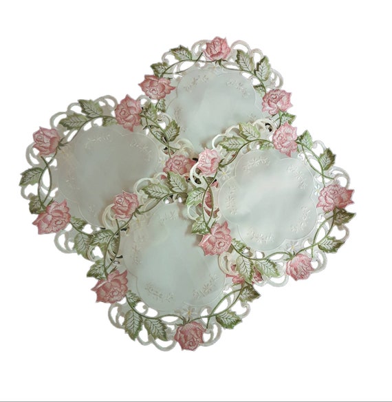 Runde Servietten im Vintage-Stil, 1 Stück, hohe Qualität, gestickte rosa Blume, Osterdekoration, Sommerdekoration, Größe 30 cm (12 Zoll)