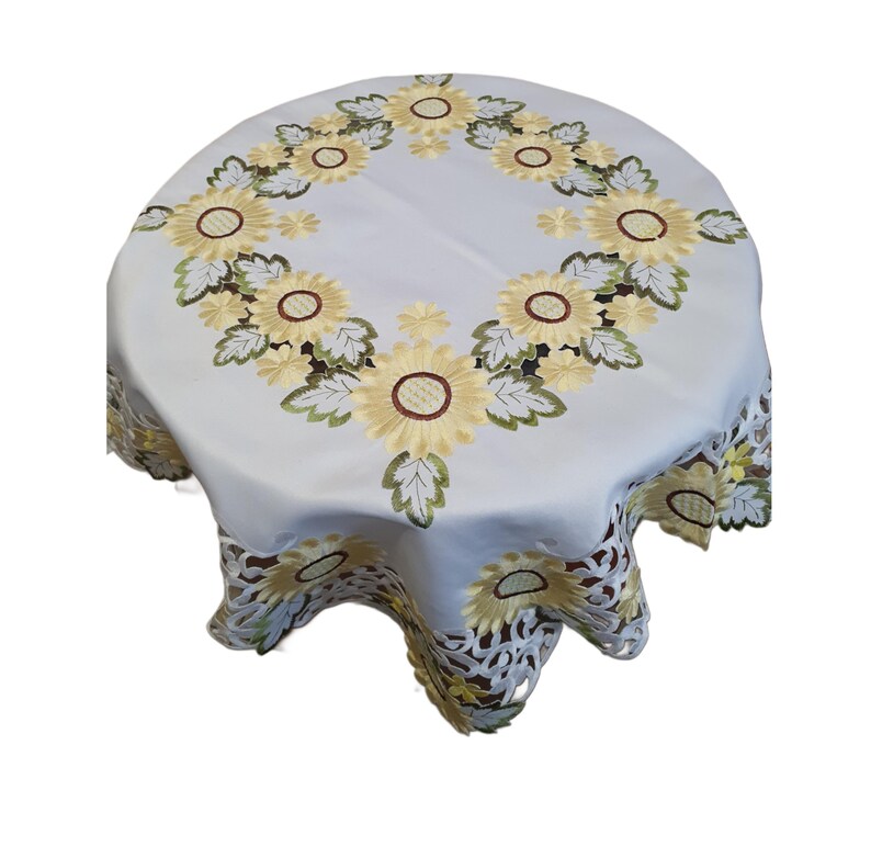 White Table Topper Summer White Table Topper, Yellow Flower, Embroidered, Rustic Table ...