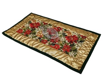 Camino de Navidad, Acolchado, Patchwork, Tela Metálica Dorada, Algodón Floral, Alta Calidad, Hecho a mano, Rojo, Idea de Regalo, 15x23 pulgadas, 58x36 cm