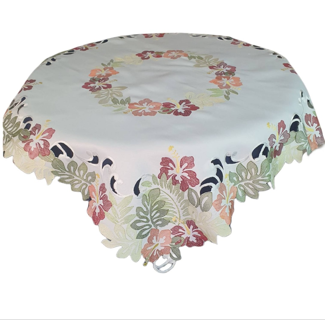 White Table Topper White Table Topper, Orange Brown Summer Flower, Embroidered, Rustic ...