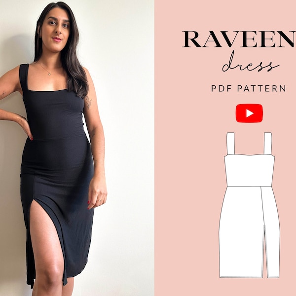 Raveena Dress Sewing Pattern PDF | Sizes 6-32 |  Stretch Fitted Square Neck Bodycon Dress | Leg Slit Summer Party Bridesmaid Dress