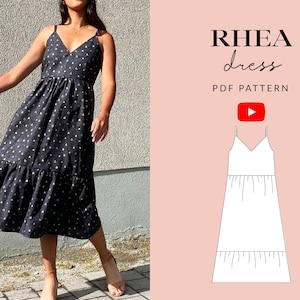 Rhea Dress Sewing Pattern PDF | Sizes 6-32 | Size Inclusive | Video Tutorial | Summer Holiday Midi Dress | Gathered Waist | Ruffled Hem