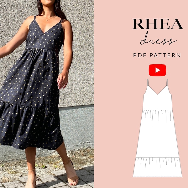 Patrón de costura de vestido Rhea PDF / Tallas 6-24 / Vestido midi de vacaciones de verano / Cintura recogida / Dobladillo con volantes