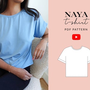 Naya T-shirt Sewing Pattern PDF | Sizes 6-32 | Size Inclusive | Video Tutorial | Trendy Batwing Sleeve Tee Round Neck Tee | Projector File