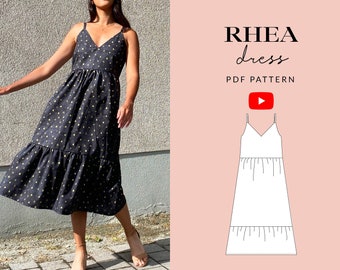 Rhea Dress Sewing Pattern PDF | Sizes 6-24 | Summer Holiday Midi Dress | Gathered Waist | Ruffled Hem