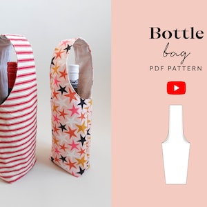 May include: Two fabric bottle bags. One is red and white striped, the other is pink with star patterns in orange, yellow, and black. The bags have a handle at the top and are designed to hold a bottle. Text on the right says "Bottle bag PDF PATTERN".