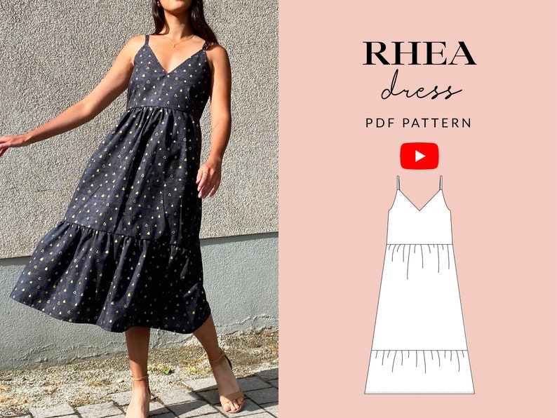 Rhea Dress Sewing Pattern PDF Sizes 6-24 Summer Holiday Midi Dress Gathered Waist Ruffled Hem image 1