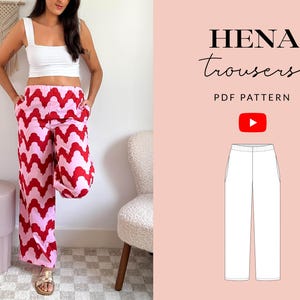 Hena Trousers Sewing Pattern PDF | Sizes 6-32 | Size Inclusive | Video Tutorial | Wide Leg Elastic Pant Loose Summer | Projector File