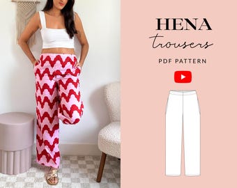 Hena Trousers Sewing Pattern PDF | Sizes 6-32 | Size Inclusive | Video Tutorial | Wide Leg Elastic Pant Loose Summer | Projector File