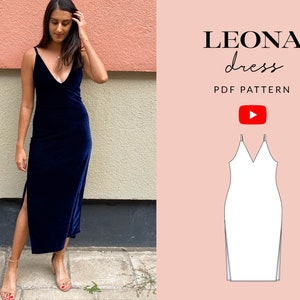 Patron de couture robe Leona PDF | Tailles 6-24 | Fente latérale ajustée en velours à col en V profond | Nouvel An | Tammy fait à la main