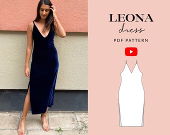 Leona Dress Sewing Pattern PDF | Sizes 6-24 |  Fitted Deep V Neck Velvet Side Slit | New Years | Tammy Handmade