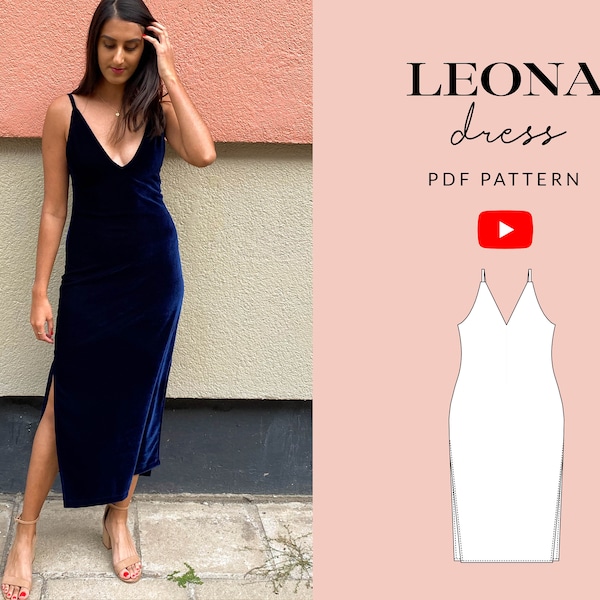 Leona Dress Sewing Pattern PDF | Sizes 6-24 |  Fitted Deep V Neck Velvet Side Slit | New Years | Tammy Handmade