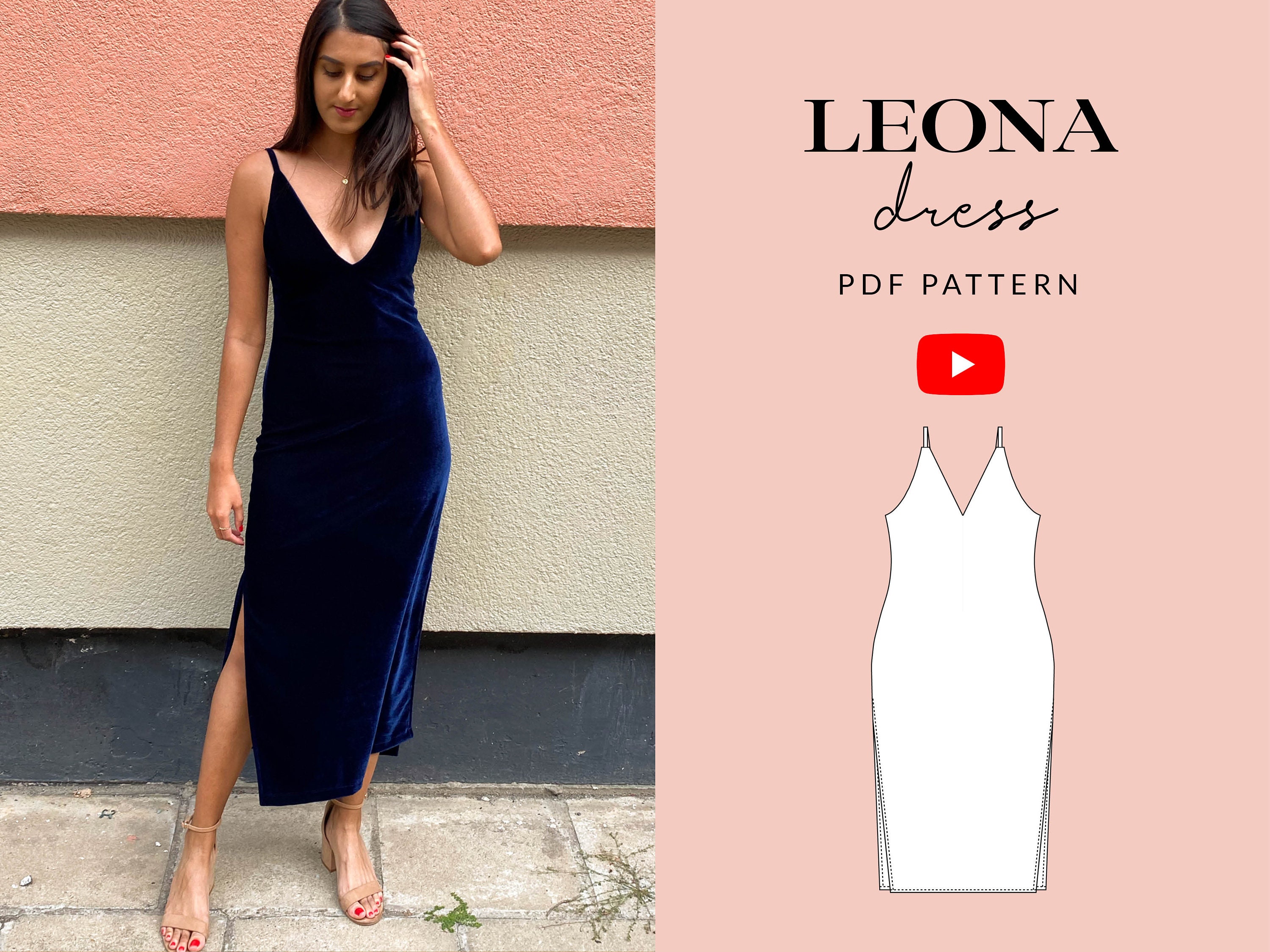 Leona Dress Sewing Pattern PDF Sizes 6-24 Fitted Deep V Neck