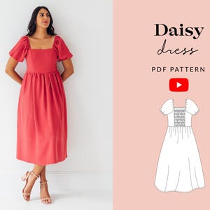 Puede incluir: Una mujer con un vestido midi color coral con escote cuadrado y mangas abullonadas cortas. El vestido tiene un corpiño ajustado y una falda plisada. La imagen también incluye un dibujo lineal del vestido y el texto "Daisy dress PDF pattern".