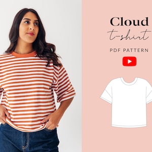 May include: A short-sleeve t-shirt with horizontal rust-orange and white stripes, a crew neckline, and a loose fit. The right side displays the text Cloud t-shirt PDF PATTERN, a red YouTube play icon, and a white line drawing of the t-shirt design.