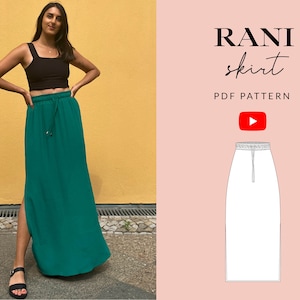 Rani Skirt Sewing Pattern PDF | Sizes 6-32 | Size Inclusive Video Tutorial | Summer Maxi Skirt Side Slit | Drawstring Waist | Projector File
