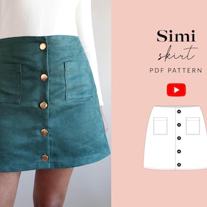 Peut inclure: Une jupe trapèze verte avec un devant boutonné et deux poches. La jupe est présentée sur un mannequin. Le texte "Simi skirt PDF PATTERN" est affiché au-dessus de la jupe.