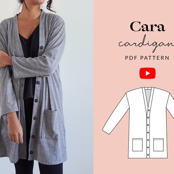 Patron de couture facile pour cardigan PDF | Pointures 6-32 | Motif de poches de pull douillet à épaules tombantes | Devant boutonné | Manches | Tammy fait main