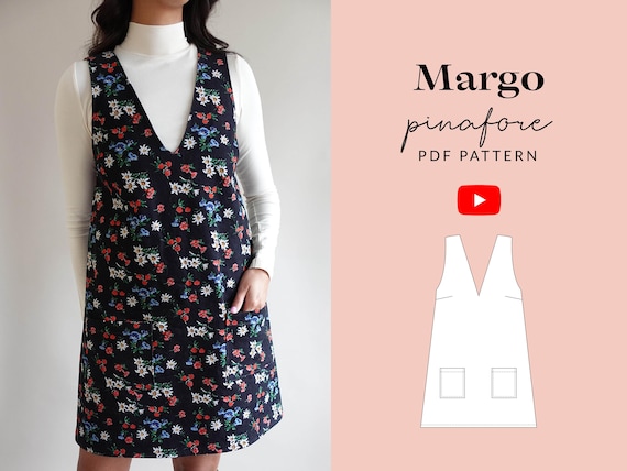 Margo Pinafore Dress Sewing Pattern PDF | Sizes 6-32 | Size Inclusive | Video Tutorial | Loose Summer Dress V Neckline Square Neck Projector