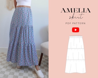 Amelia Skirt Sewing Pattern PDF | Sizes 6-32 | Size Inclusive Video Tutorial Women's Maxi Skirt Gathered Tiers | Elastic Waistband Projector
