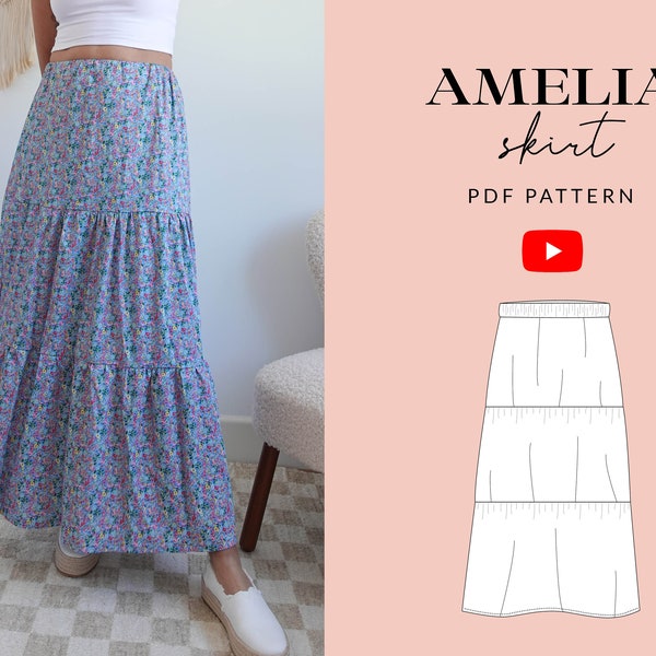 Skirt Sewing Pattern PDF | Sizes 6-32 | Amelia Women's Maxi Skirt with Gathered Tiers | Elastic Waistband Loose Summer Skirt