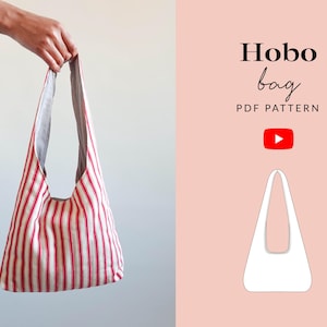 May include: A red and white striped hobo bag. The bag is held by a hand and has a simple design with a wide opening and a long strap. The image also includes text that says "Hobo bag PDF pattern".