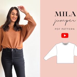 Mila Jumper Sewing Pattern PDF | Sizes 6-32 | Size Inclusive | Video Tutorial | Dropped Shoulder Sweatshirt Pattern Loungewear Projector