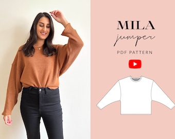 Patrón de costura del jersey Mila en PDF / Tallas 6-32 / Incluye tallas / Videotutorial / Patrón de sudadera con hombros caídos para proyector de ropa de estar por casa