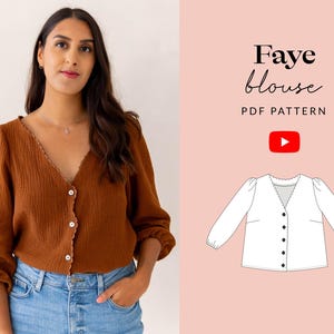 May include: A woman in a rust-coloured blouse with a V-neck and button closure. The blouse has three-quarter sleeves and a scalloped edge. The image also includes a line drawing of the blouse and the text "Faye blouse PDF pattern".