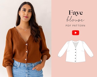 Faye blus sömnadsmönster PDF | Storlekar 6-32 | Inklusive storlek | Video handledning | Lös linne V-ringning topp med knappar | Projektorfil