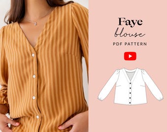 Faye blus sömnadsmönster PDF | Storlekar 6-32 | Inklusive storlek | Video handledning | Lös linne V-ringning topp med knappar | Projektorfil