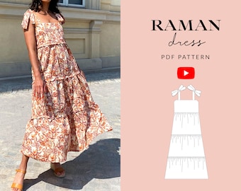 Raman Dress Sewing Pattern PDF | Sizes 6-24 | Summer Maxi Tiered Skirt | Gathered Waist | Exposed Ruffle Smock Dress