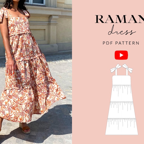 Raman Dress Sewing Pattern PDF | Sizes 6-24 | Summer Maxi Tiered Skirt | Gathered Waist | Exposed Ruffle Smock Dress