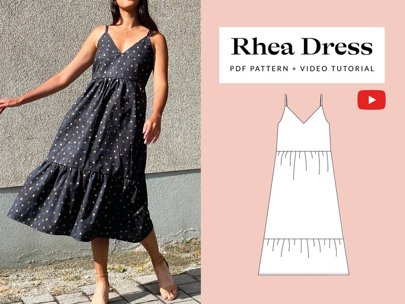 Rhea Dress Sewing Pattern PDF | Sizes 6-24 | Summer Holiday Midi Dress | Gathered Waist | Ruffled Hem 