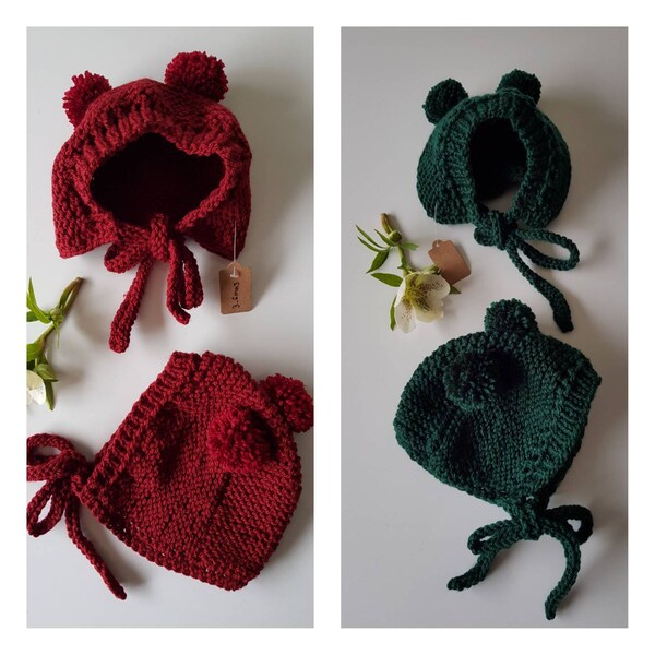 Bonnet Beguin bébé pompons ou oreilles  rouge bordeaux ou vert foncé 3/6 mois