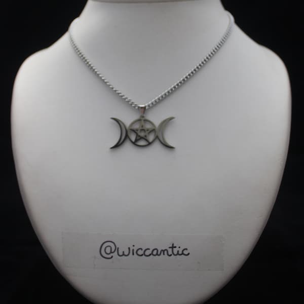 Collier en Acier Chirurgical Symbole Triple Lune et Triple Déesse avec pentagramme