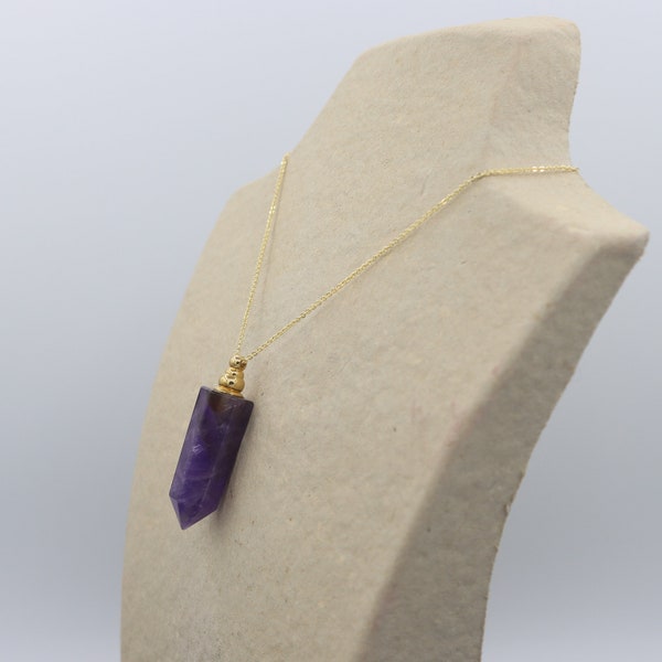 Collier Fiole Pointe d'Améthyste violette creuse avec chaine réglable à coulisse