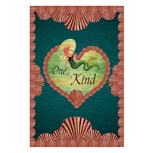 May include: A teal green background with a red and white heart shape. Inside the heart is a mermaid with a red and white umbrella. The text "One of a Kind" is written in a white font inside the heart.