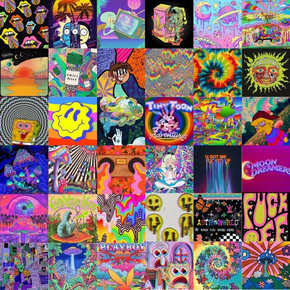 Psychedelic Trippy Wall Collage Kit Trendy Aesthetic Etsy