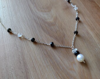 perla centrale e quarzi rosa collana argento 925 tecnica rosario con tormaline rosa