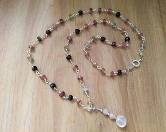 perla centrale e quarzi rosa collana argento 925 tecnica rosario con tormaline rosa