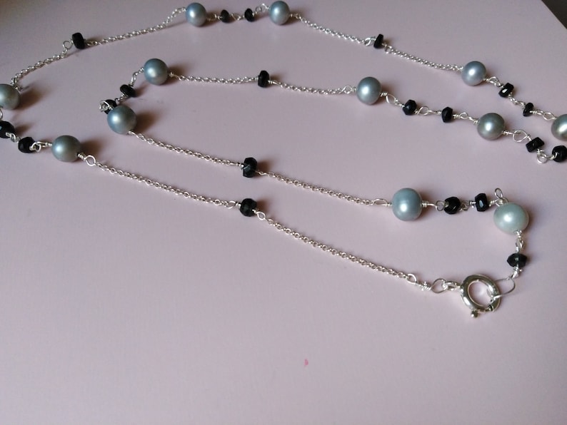 con perle naturali grigie e tormalina nera collana lunga argento 925