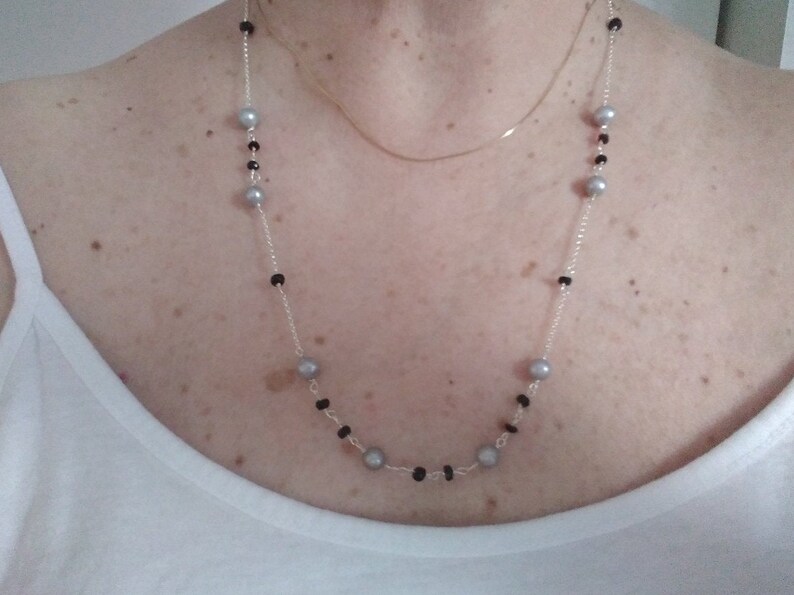 con perle naturali grigie e tormalina nera collana lunga argento 925
