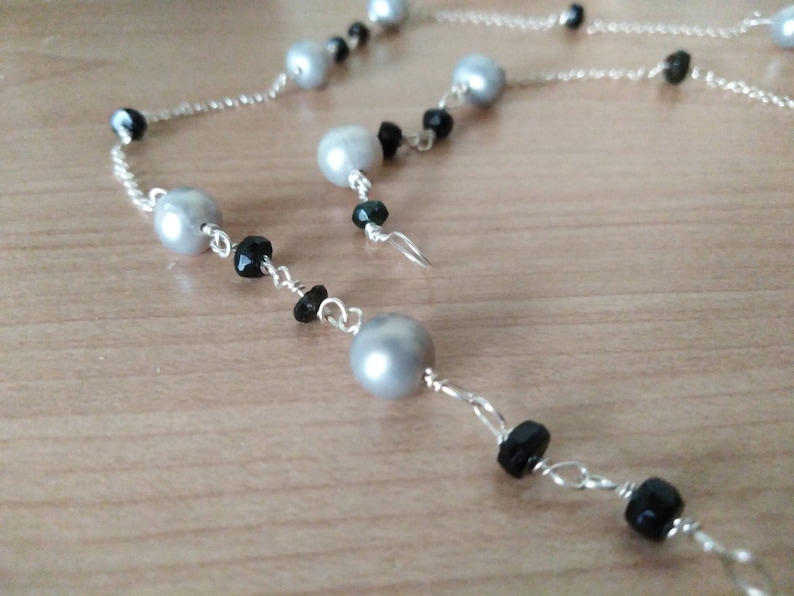 con perle naturali grigie e tormalina nera collana lunga argento 925